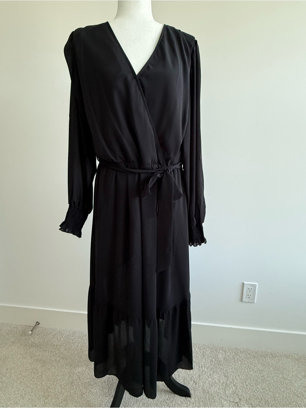 Women's Black Long Sleeve Wrap Maxi Dress with Tie Waist